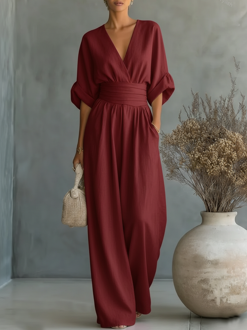 Elegant jumpsuit med V-ringning och hög midja